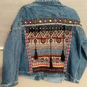 New Beaded Fringe Denim Aztec Jacket! SZ Large